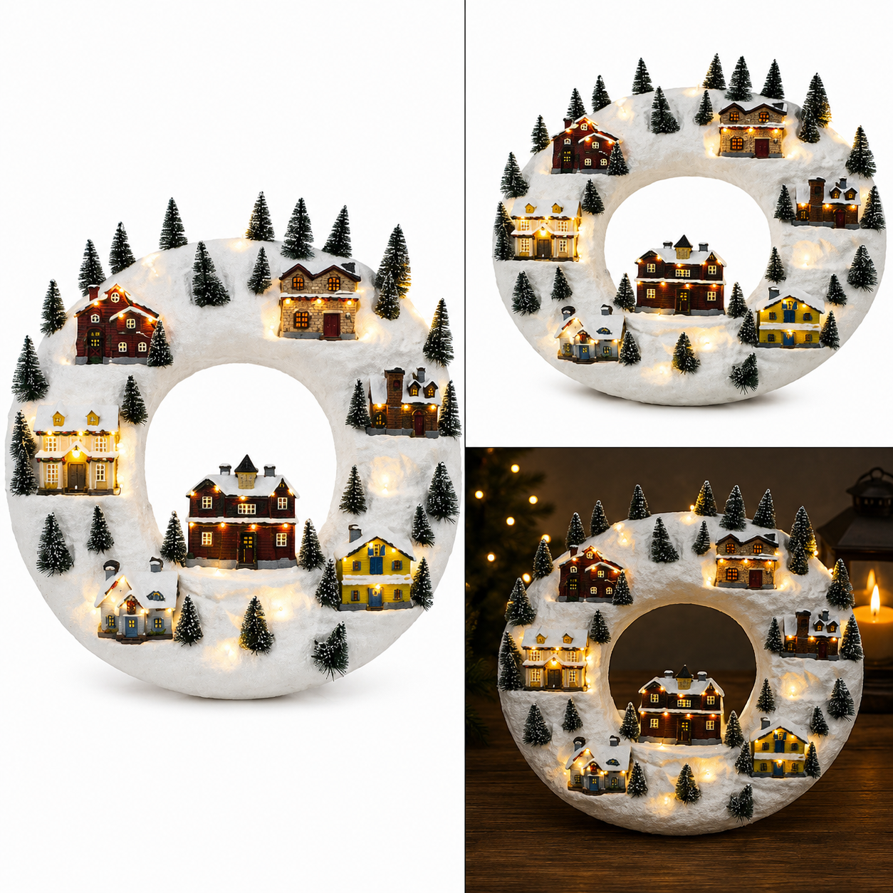 Corona Navideña con Villas y Pinos Nevados con Luz LED – Galerías el Triunfo