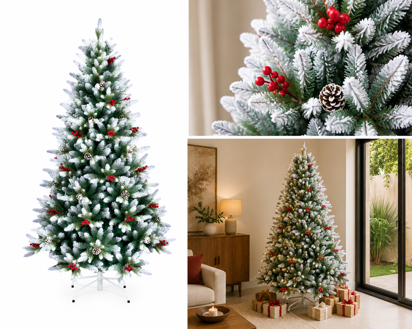 Árbol de Navidad Nevado con Bayas Rojas y Piñas - Galerías el Triunfo