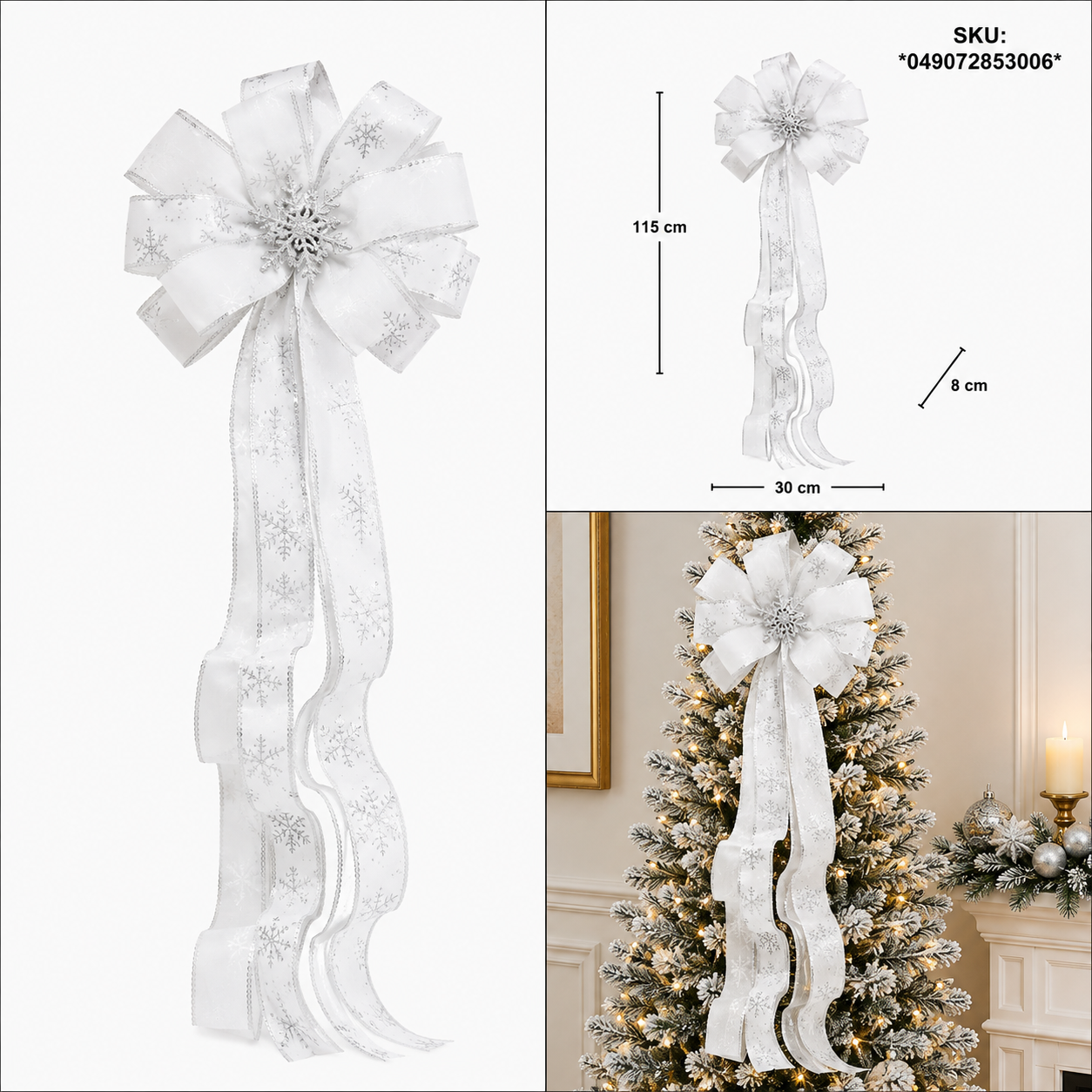 Moño Navideño de Satín Blanco con Estampado – Galerías el Triunfo