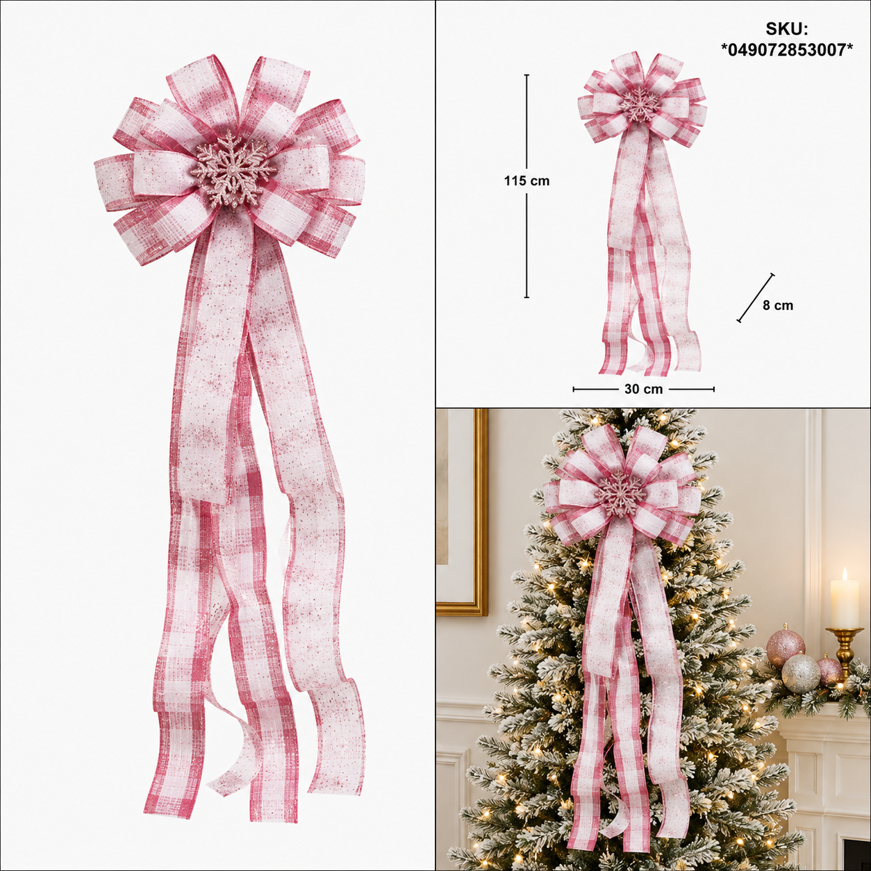 Moño Navideño de Satín Rosa con Copos – Galerías el Triunfo
