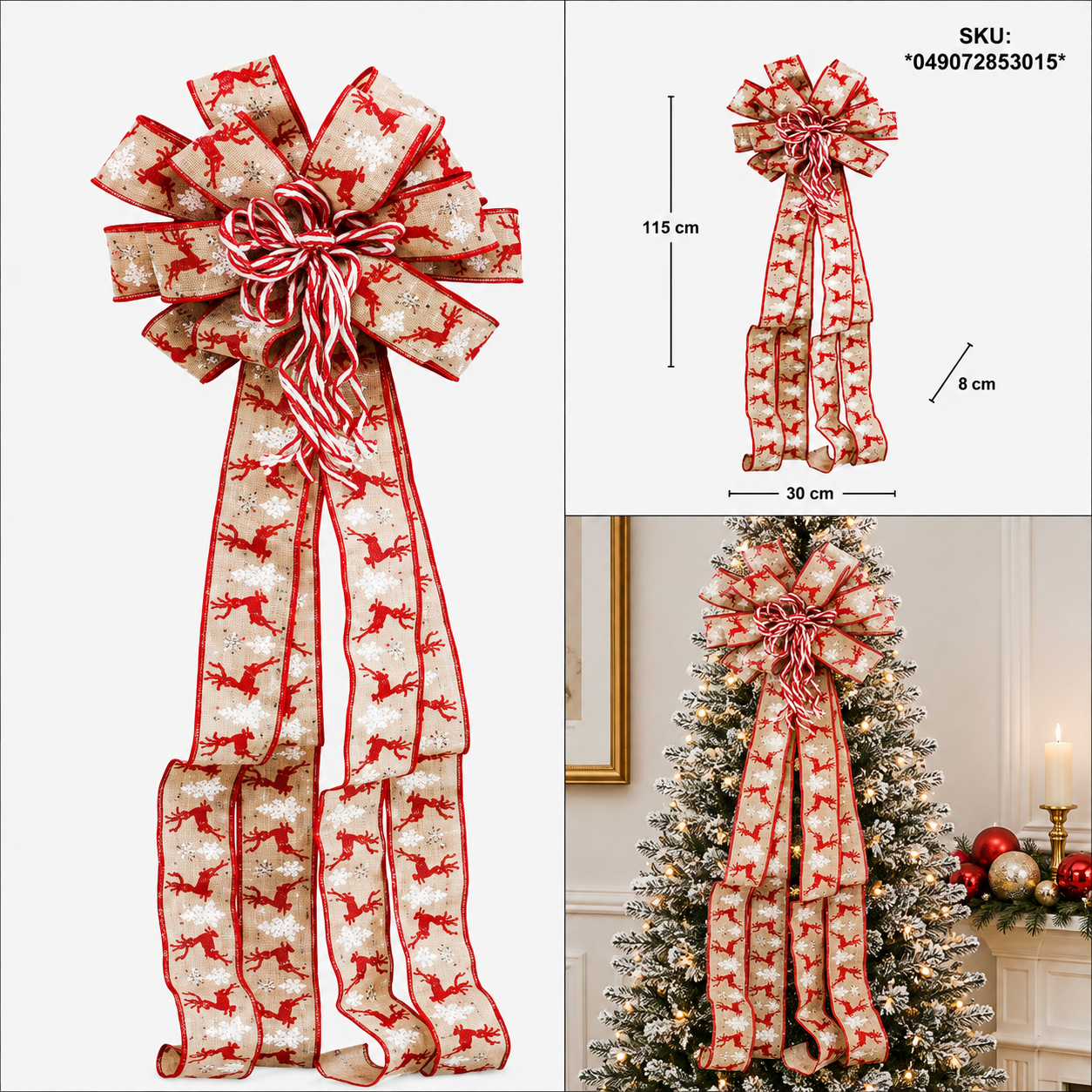 Moño Navideño de Lino Beige con Orillas Rojas – Galerías el Triunfo