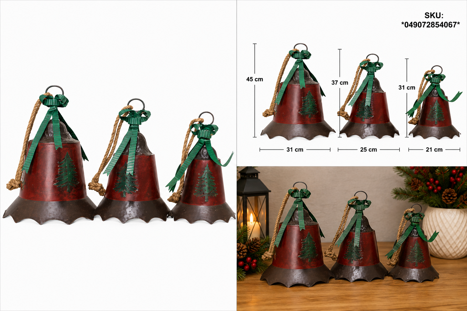 Set de 3 Campanas Navideñas Rojas con Pinos Verdes – Galerías el Triunfo