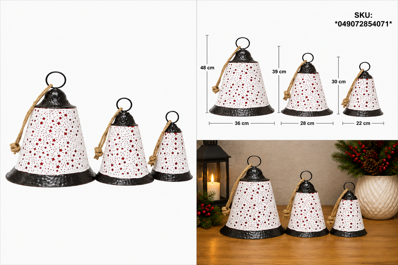 Set de 3 Campanas Navideñas Blancas con Estrellas Rojas – Galerías el Triunfo