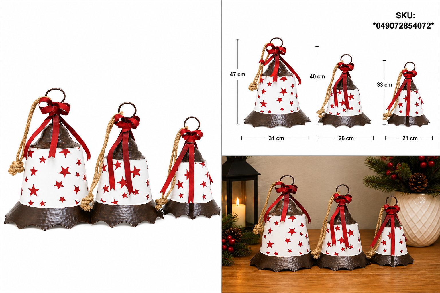 Set de 3 Campanas Navideñas Blancas con Estrellas Rojas – Galerías el Triunfo