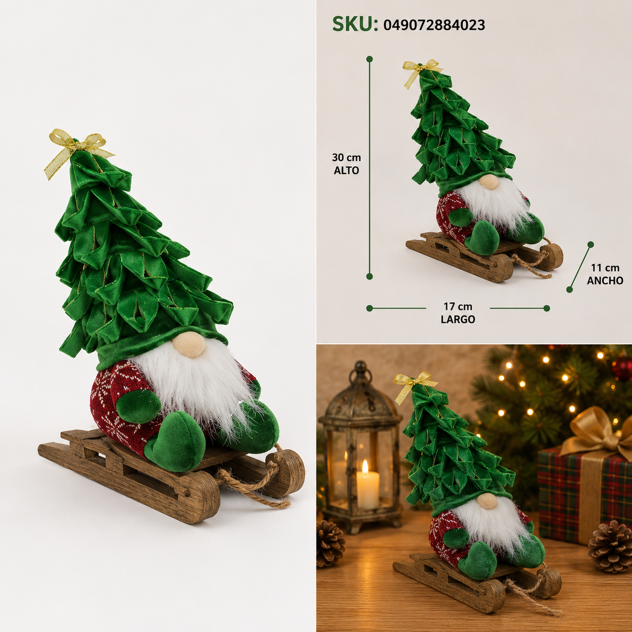 Gnomo con Sombrero de Pino Navideño Verde en Trineo - Galerías el Triunfo