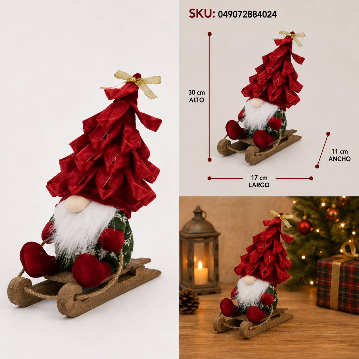Gnomo con Sombrero de Pino Navideño Rojo en Trineo - Galerías el Triunfo