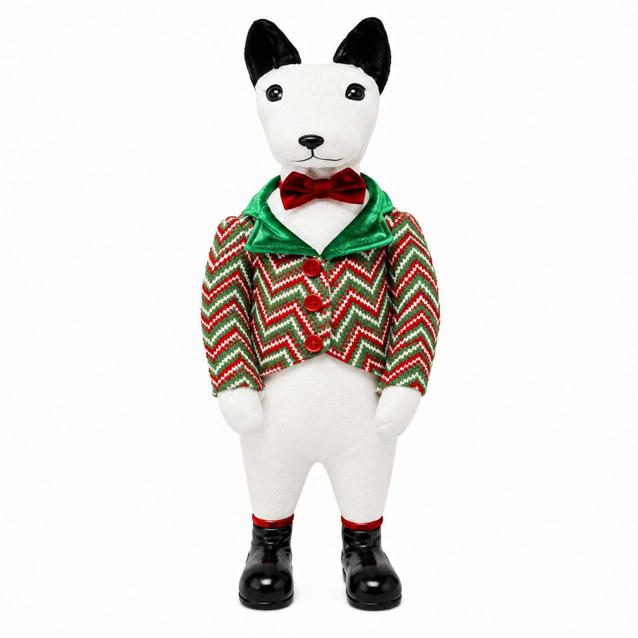 Perro Navideño Blanco con Saco de Cuadros y Moño Rojo – Galerías el Triunfo