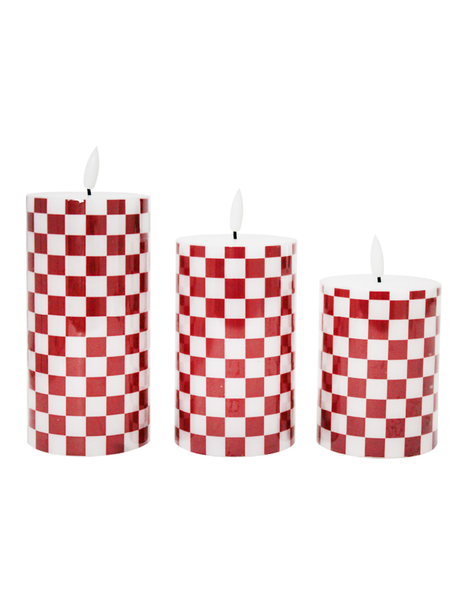 Set de 3 Velas LED Cuadros Rojos y Blancos - Galerías el Triunfo