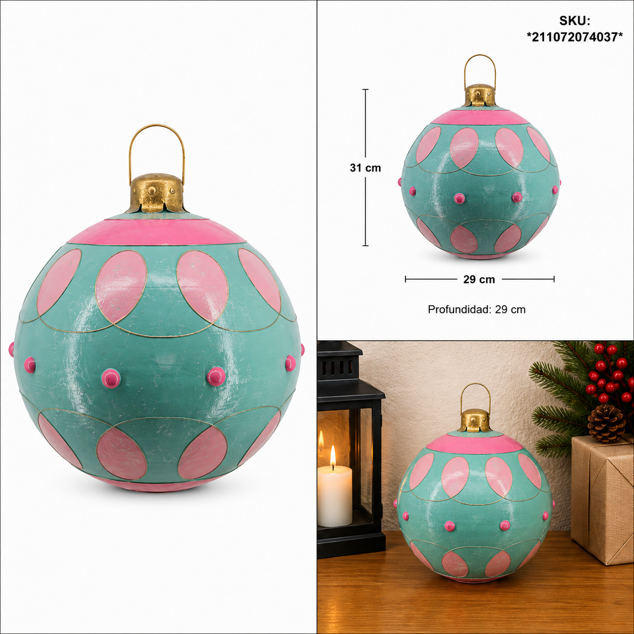 Esfera Navideña Verde Aqua con Decorado Rosa – Galerías el Triunfo
