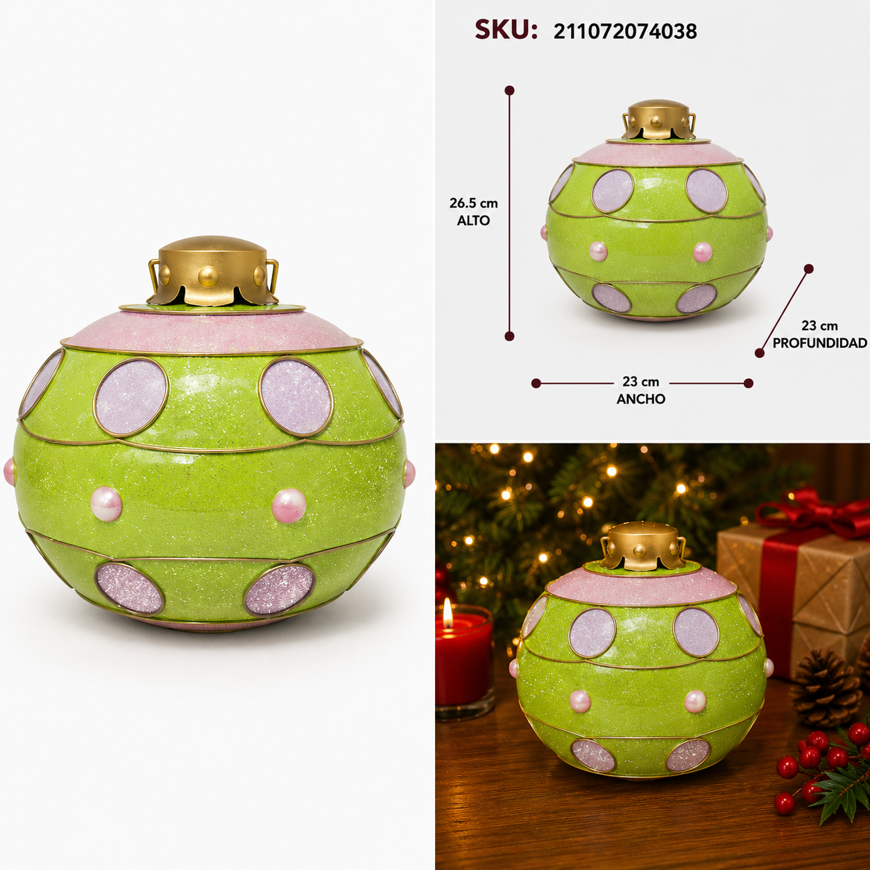 Esfera Verde Limón con Decorado Lila y Rosa - Galerías el Triunfo