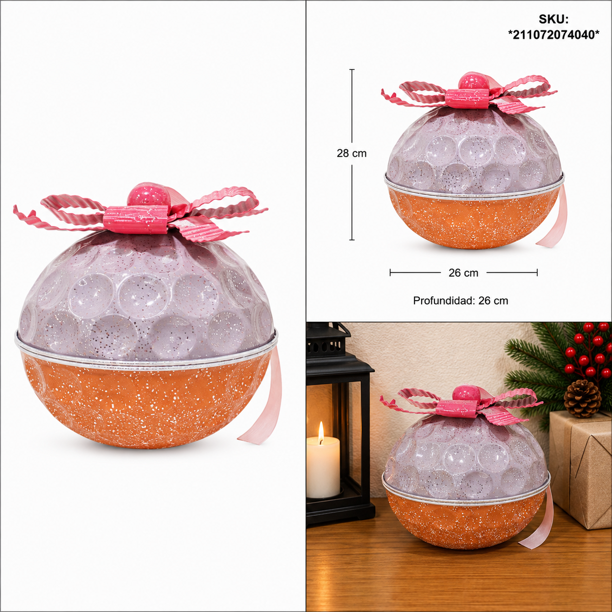 Esfera Craquelada Naranja con Lila y Moño Rosa – Galerías el Triunfo