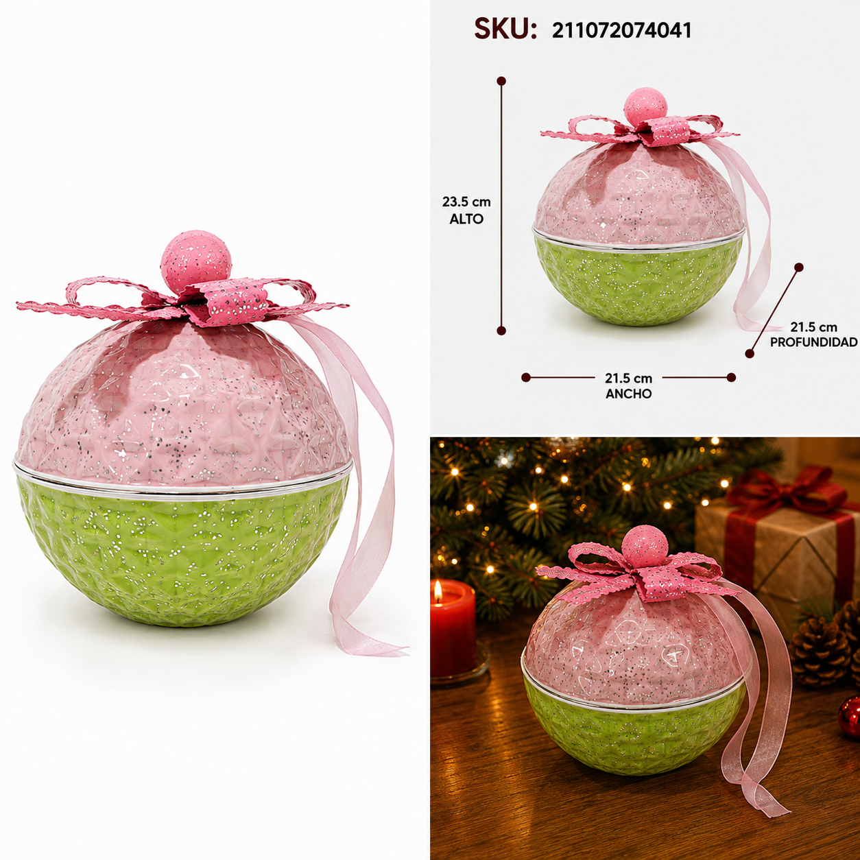 Esfera Craquelada Rosa con Verde y Moño Rosa - Galerías el Triunfo