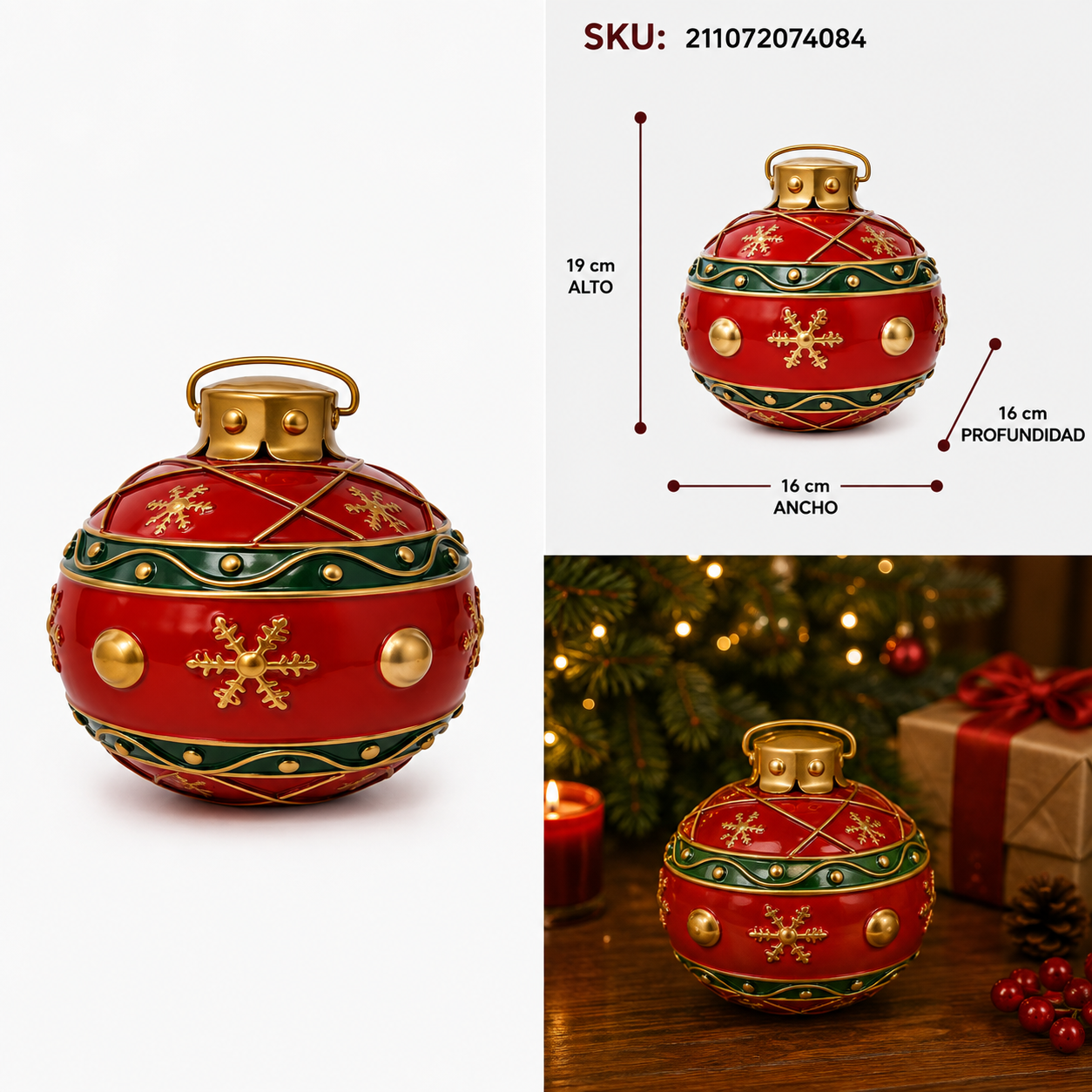 Esfera Roja con Verde y Copos de Nieve Dorados - Galerías el Triunfo