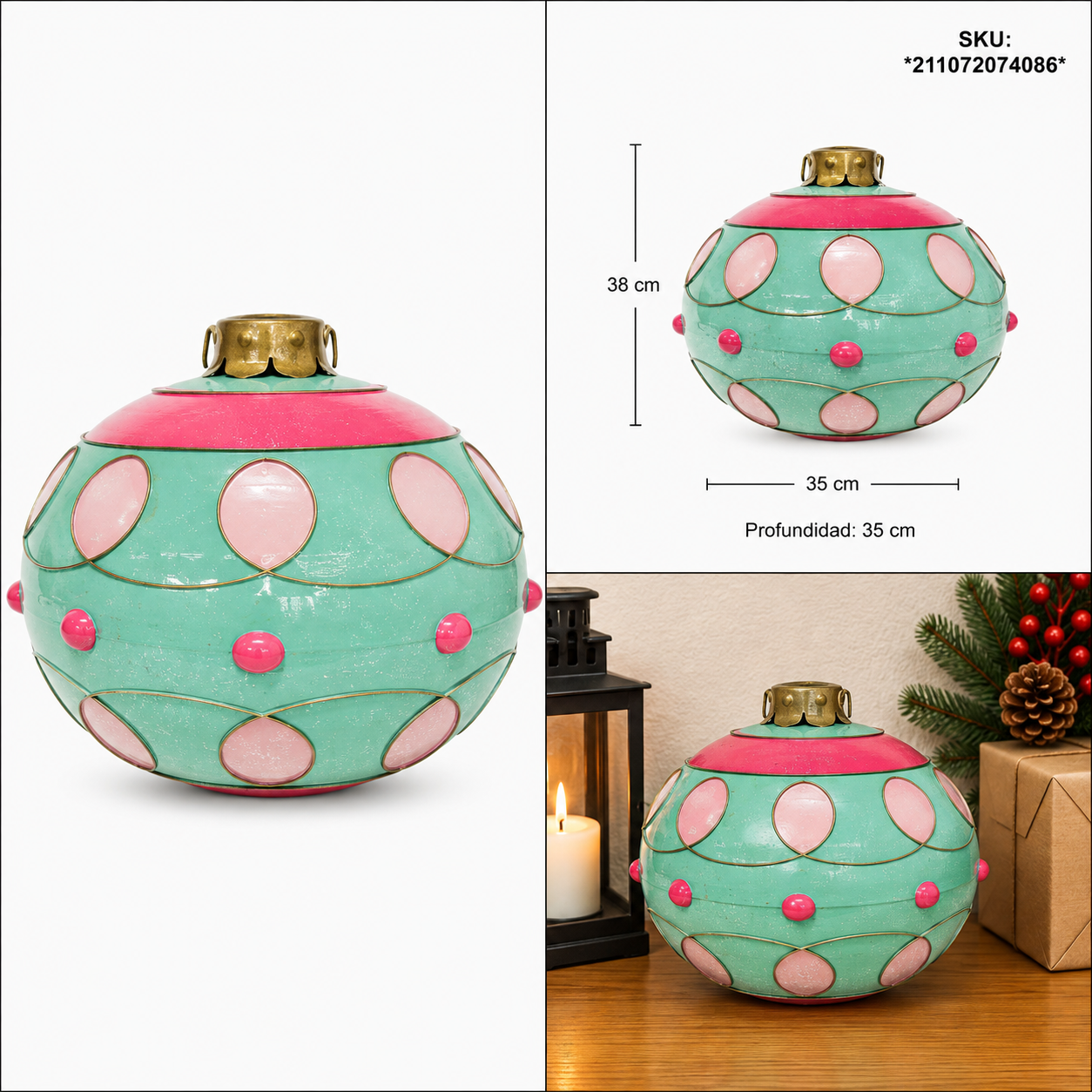 Esfera Navideña Verde Aqua con Decorado Rosa – Galerías el Triunfo