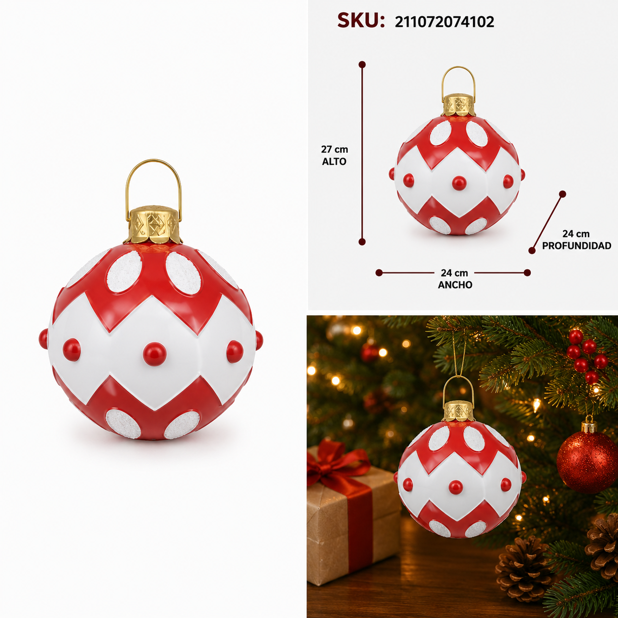 Esfera Navideña Roja con Rombos Blancos y Relieve - Galerías el Triunfo