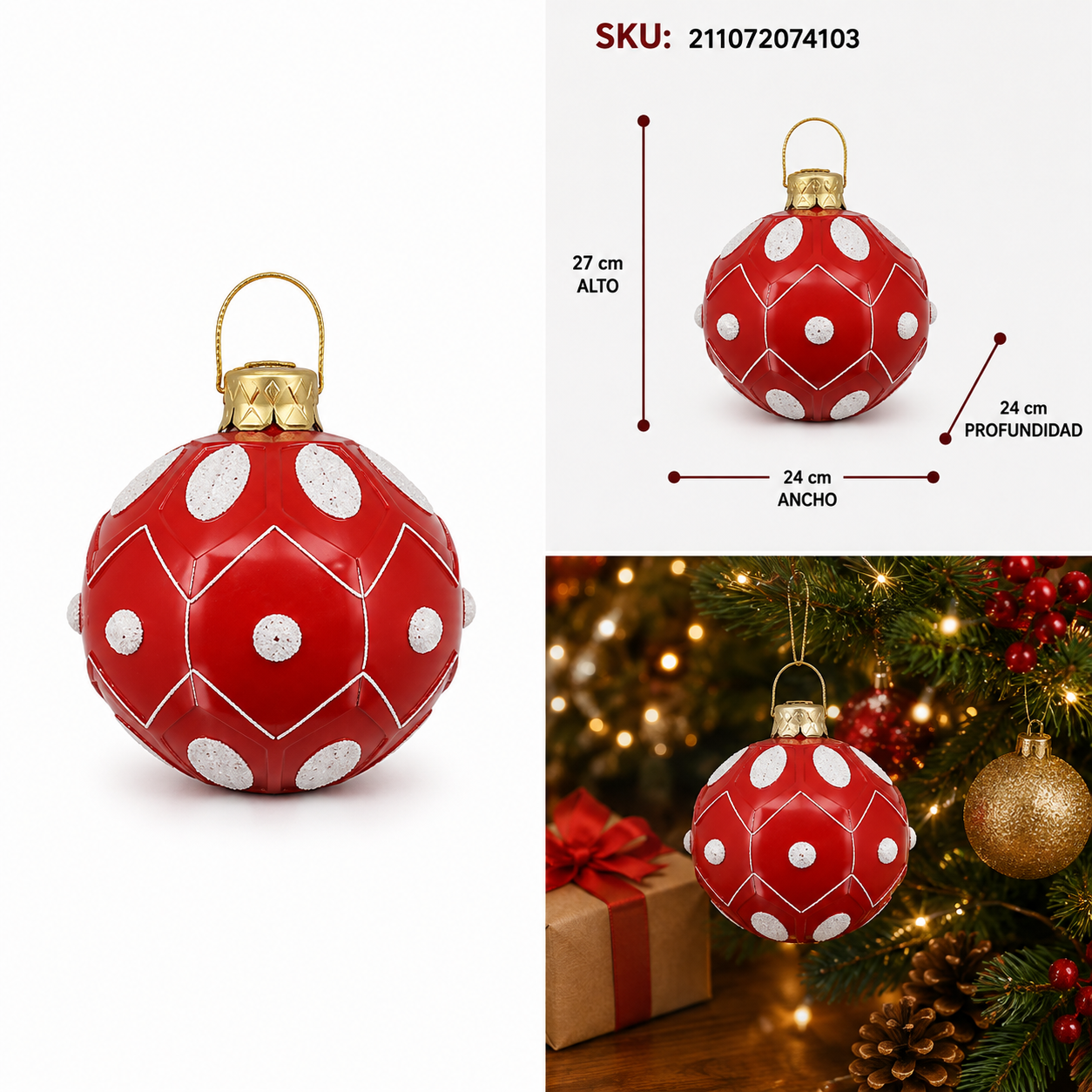 Esfera Navideña Roja con Diseño de Rombos Blancos - Galerías el Triunfo