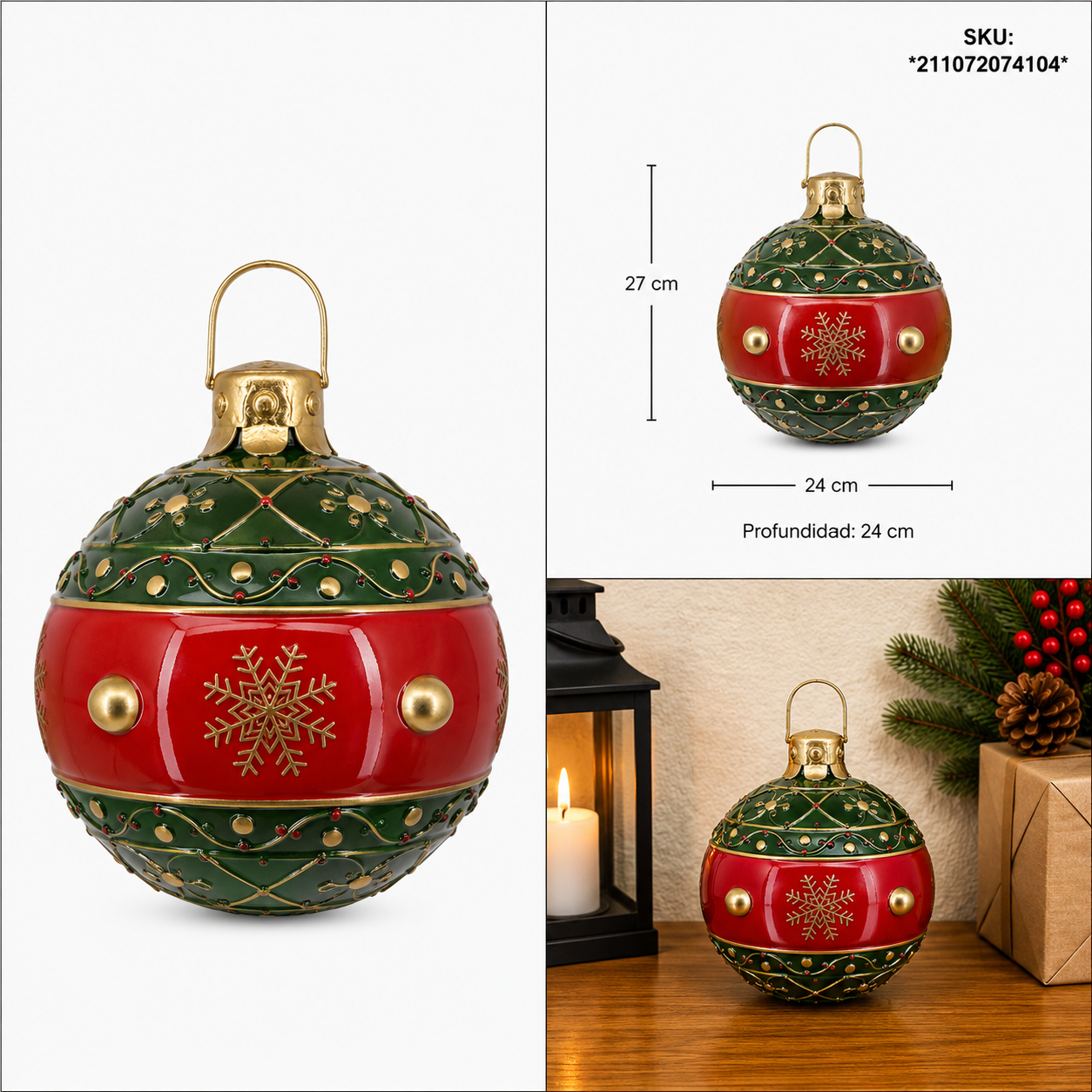 Esfera Navideña Verde con Rojo y Decorado Dorado – Galerías el Triunfo