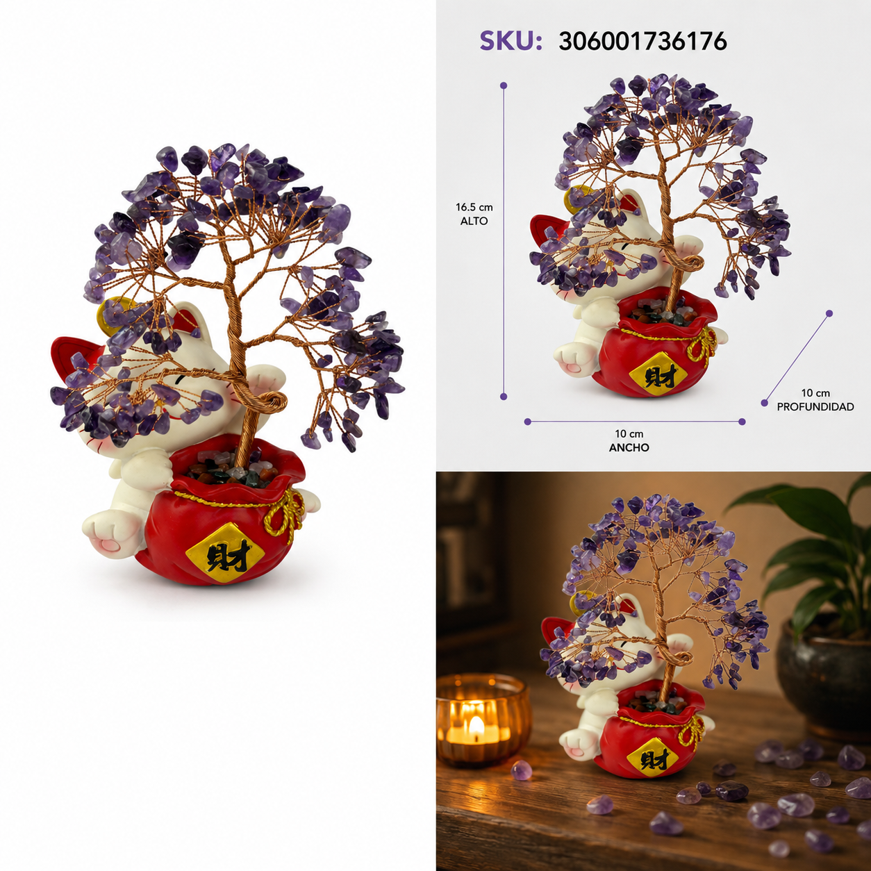 Gato de la Suerte con Árbol de Piedras Amatistas - Galerías el Triunfo