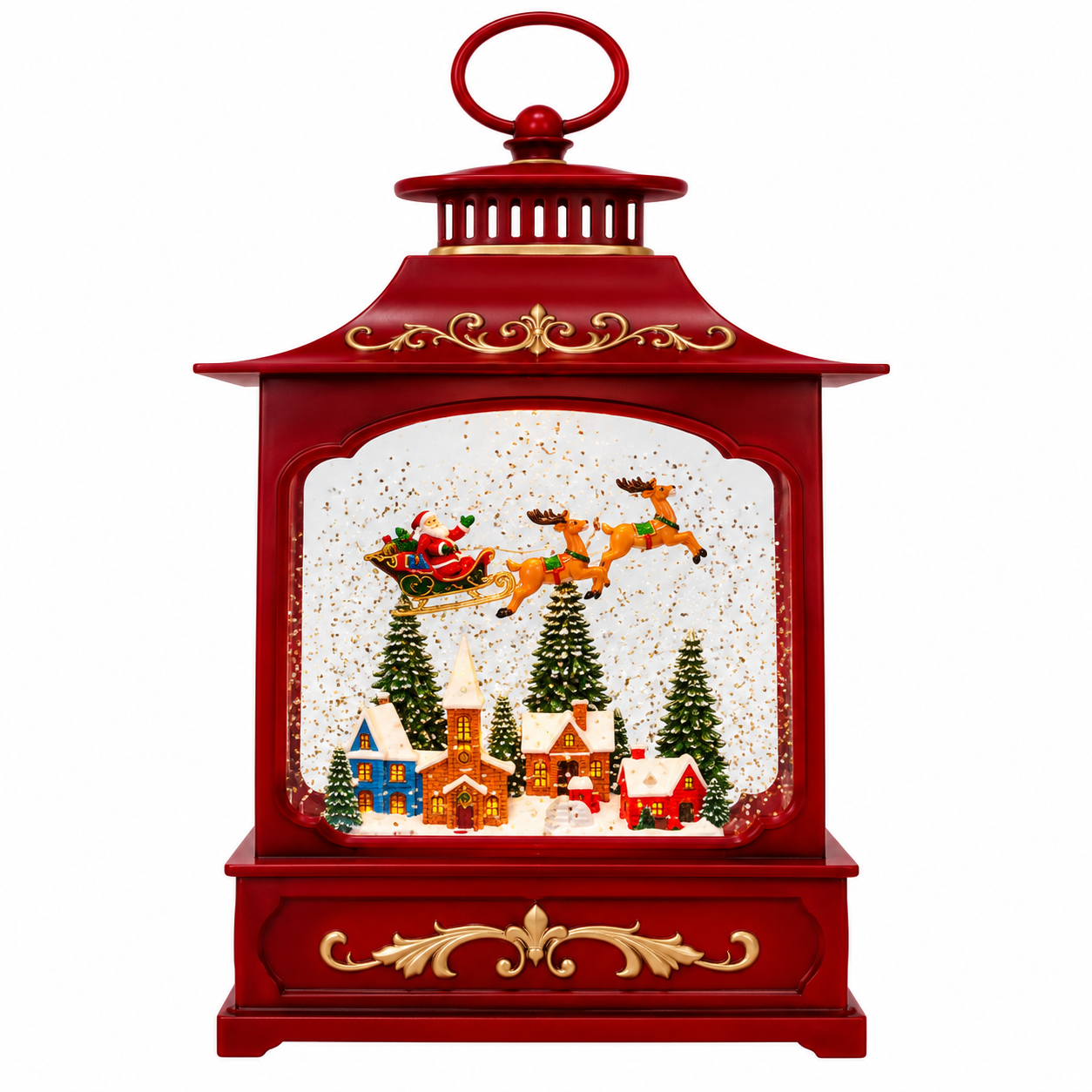 Linterna Navideño Rojo con Pueblo y Trineo de Santa – Galerías el Triunfo