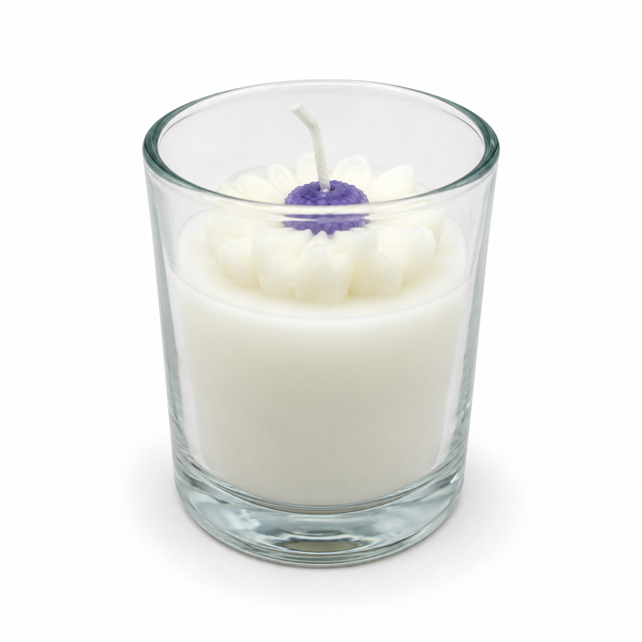 Vela Flor Blanca con Botón Morado en Vaso de Vidrio – Galerías el Triunfo