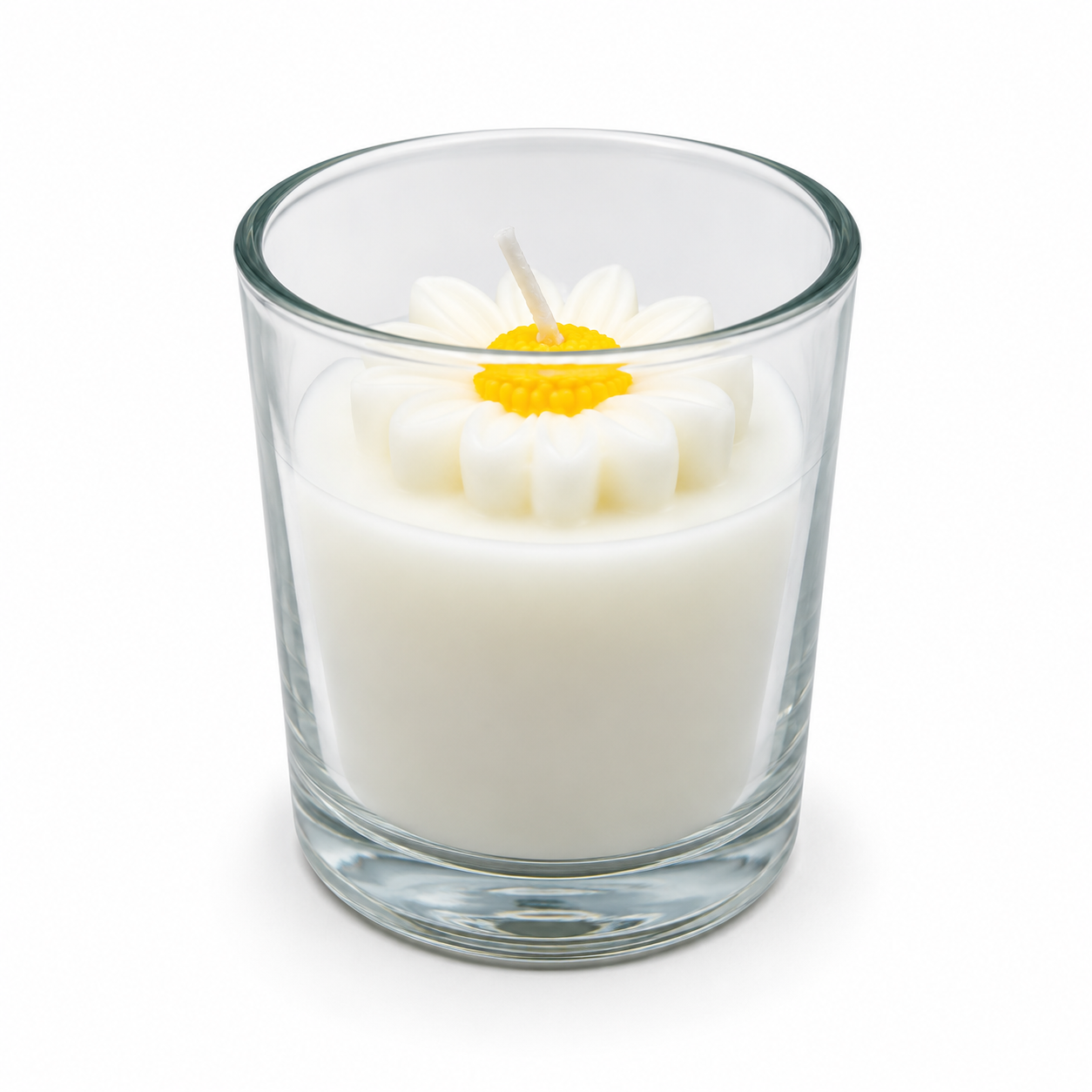 Vela Flor Blanca con Botón Amarillo en Vaso de Vidrio – Galerías el Triunfo
