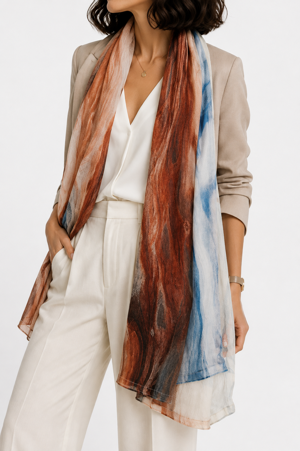 Pashmina Beige con Estampado Marmolado Café y Azul - Galerías el Triunfo