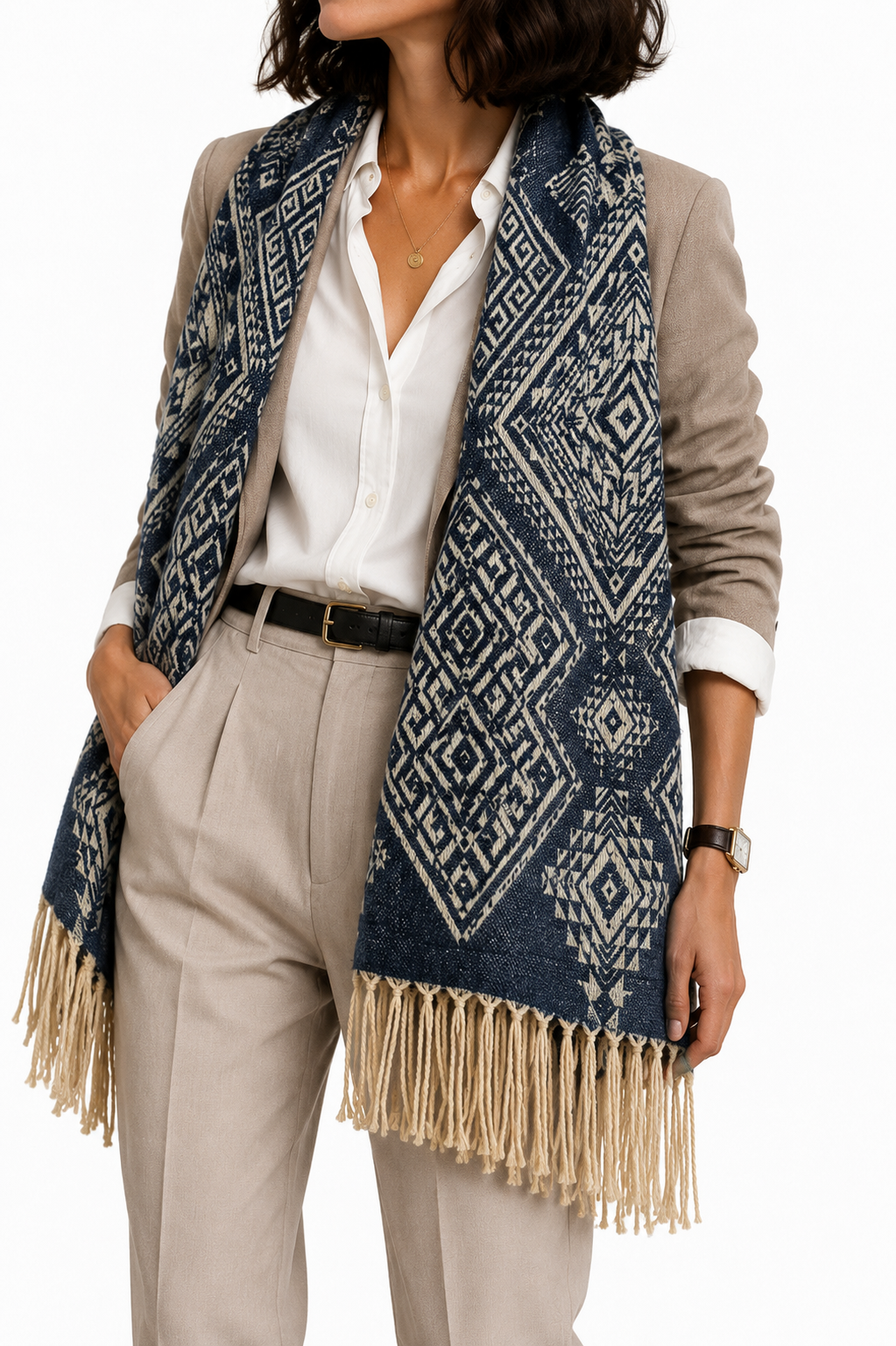 Pashmina Étnica Azul de Rombos con Flecos – Galerías el Triunfo