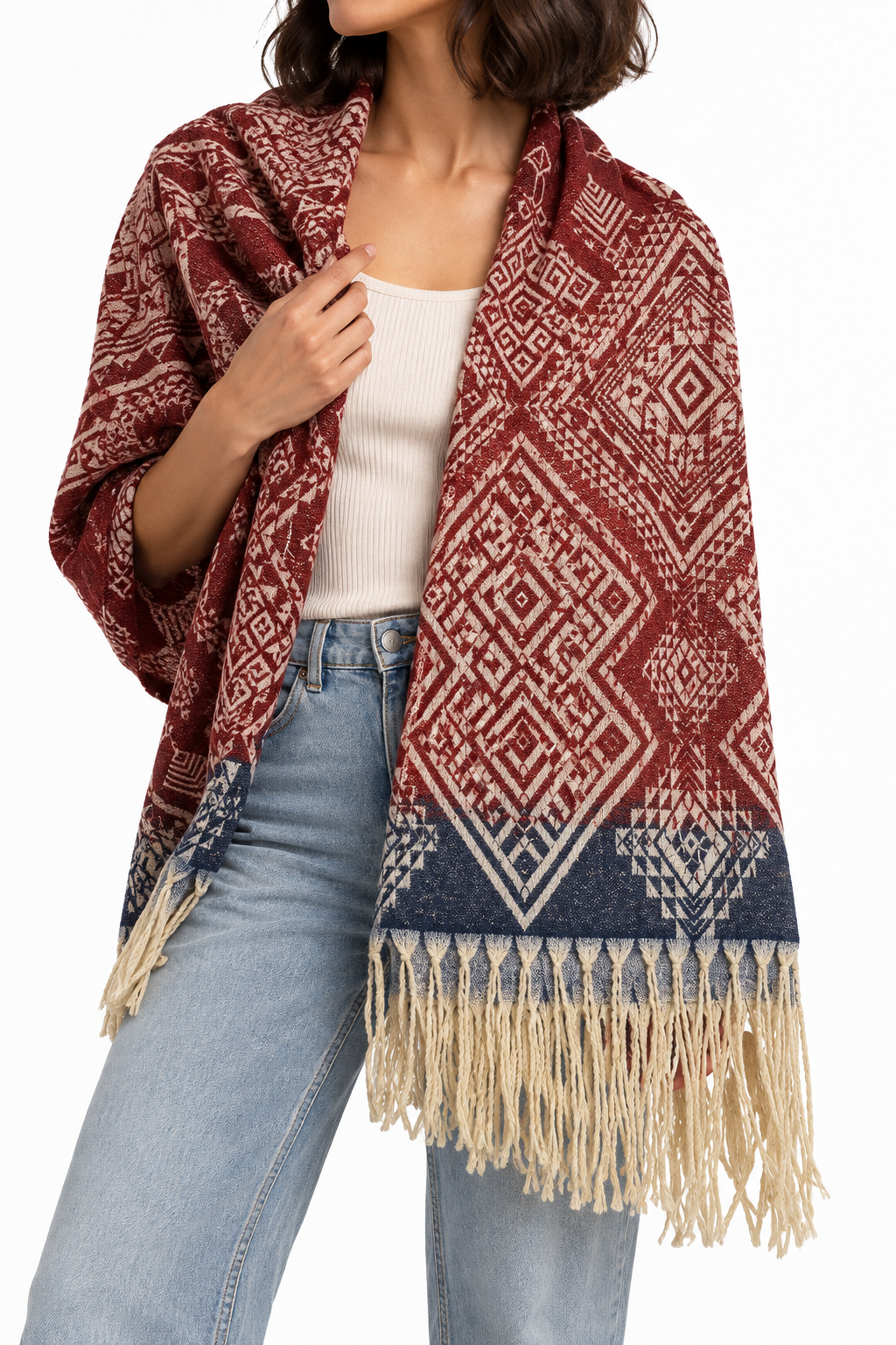 Pashmina Étnica Vino de Rombos con Flecos – Galerías el Triunfo
