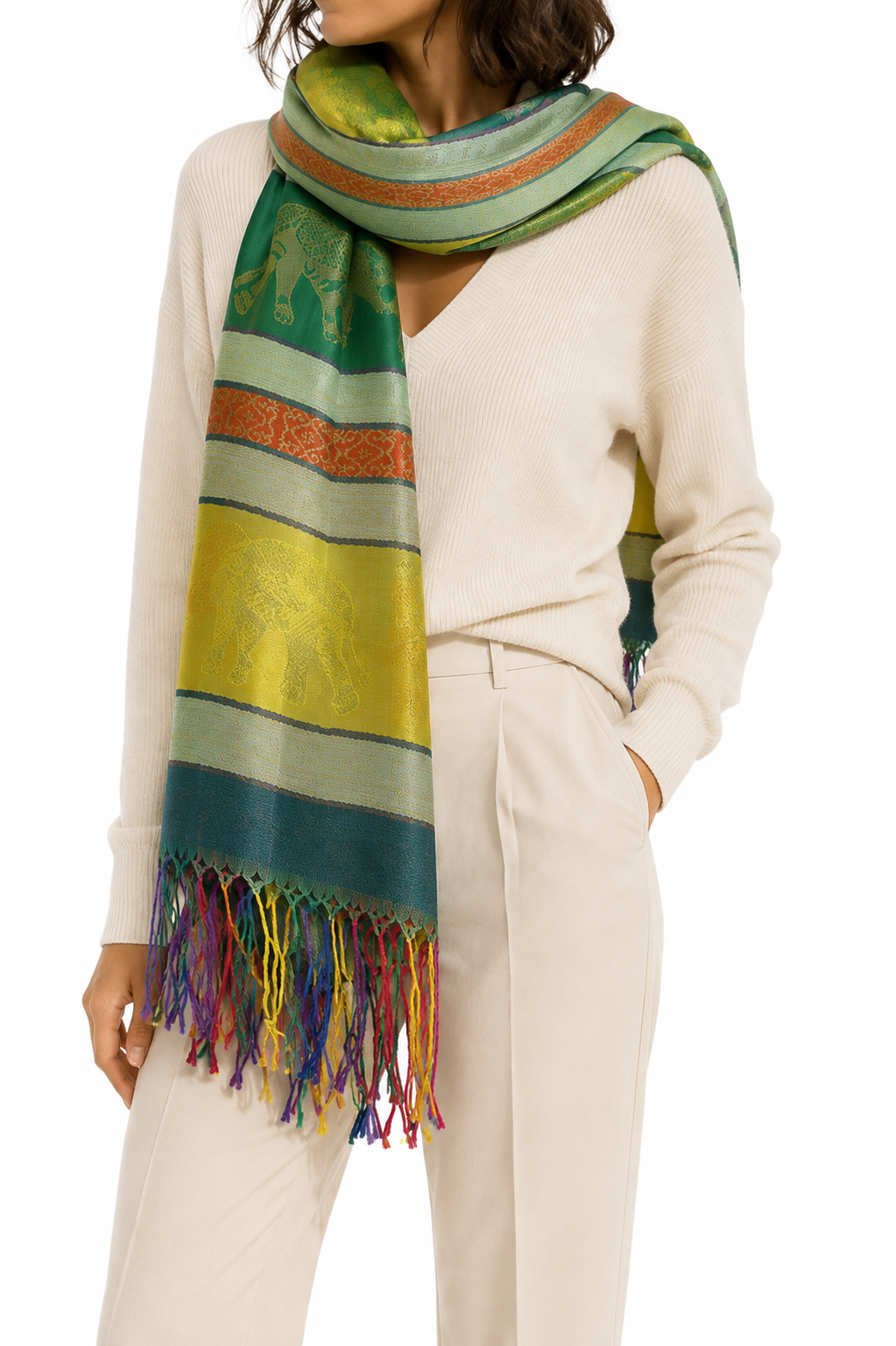 Pashmina Verde y Amarilla con Diseño de Elefante - Galerías el Triunfo
