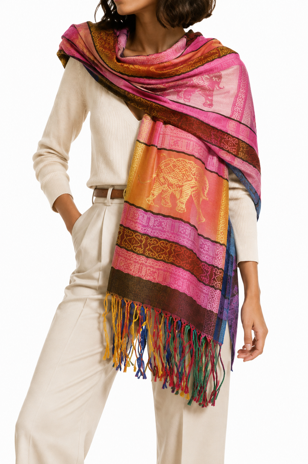 Pashmina Rosa de Elefantes con Flecos - Galerías el Triunfo