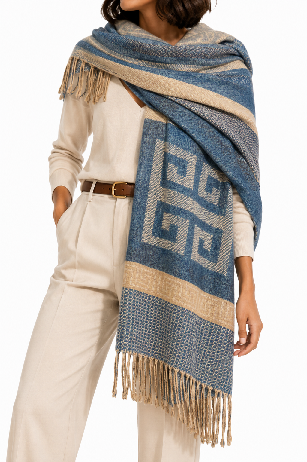Pashmina Azul de Grecas con Flecos - Galerías el Triunfo
