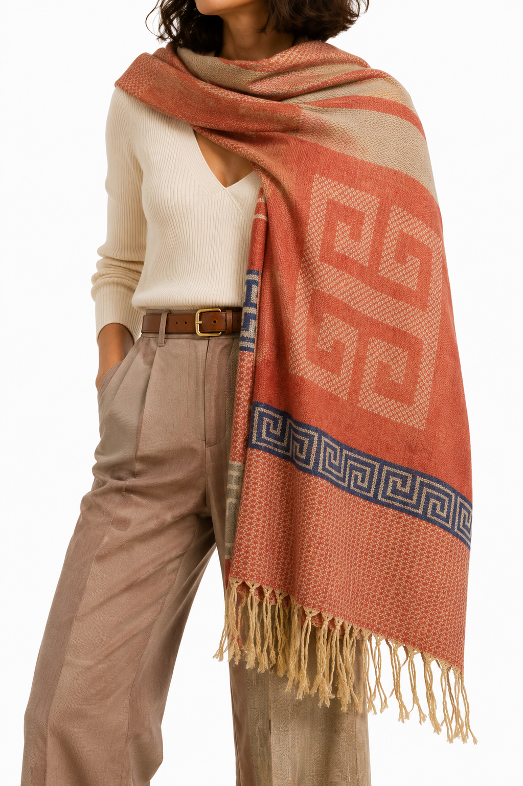 Pashmina Naranja de Grecas con Flecos - Galerías el Triunfo