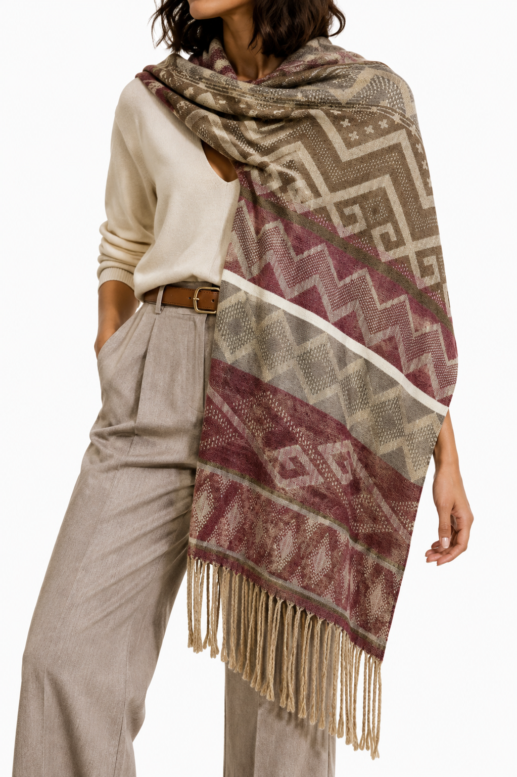 Pashmina Vino de Rombos y Franjas con Flecos – Galerías el Triunfo