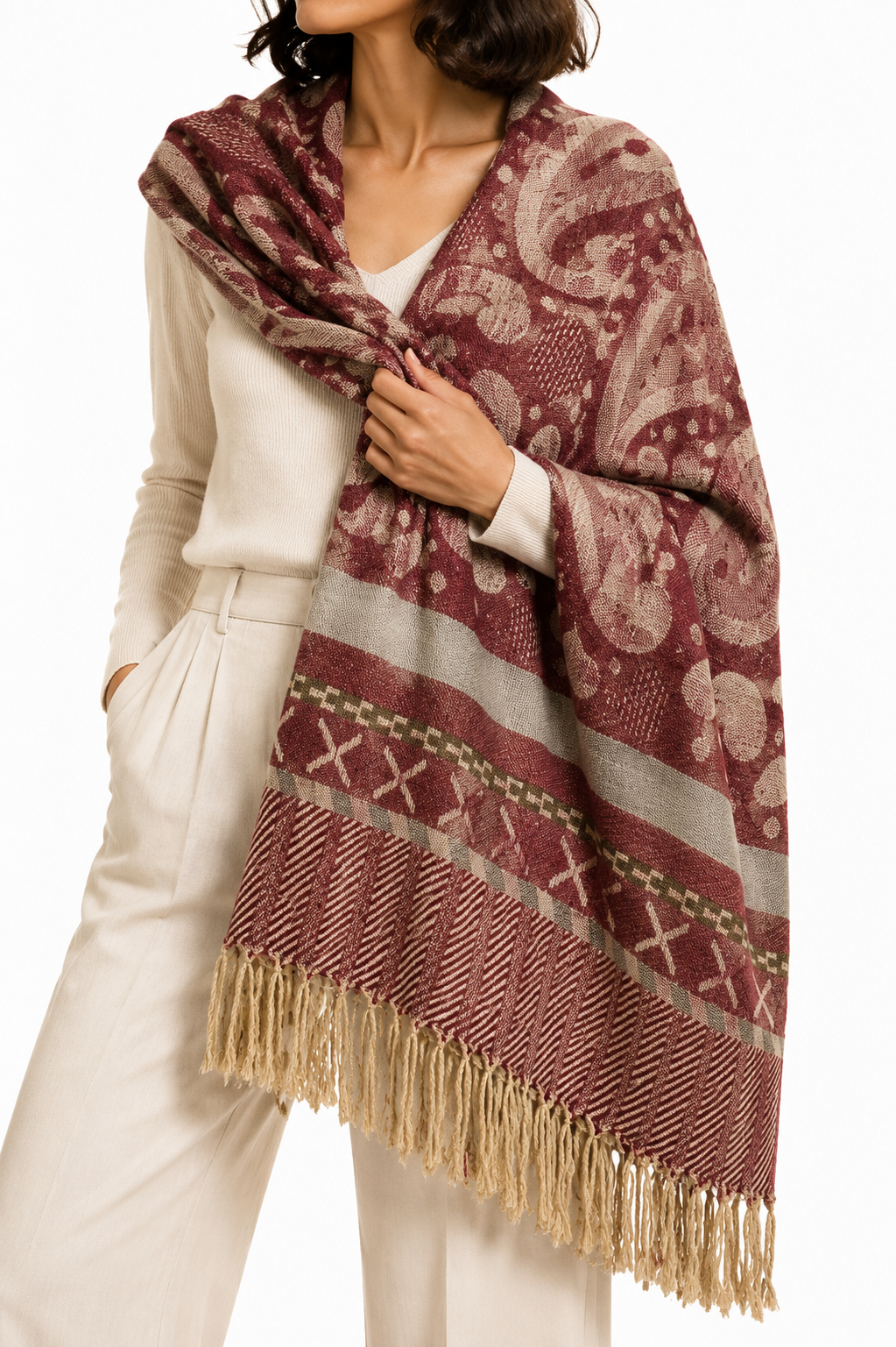 Pashmina Vino de Paisley con Flecos – Galerías el Triunfo