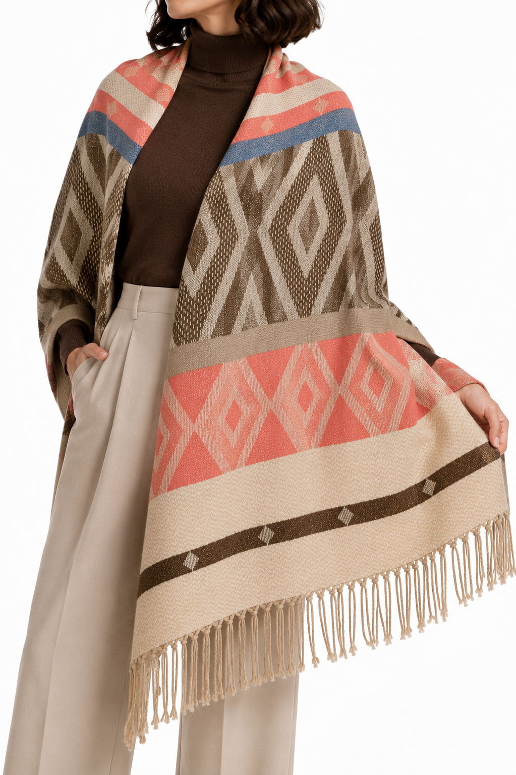 Pashmina Beige de Rombos y Franjas con Flecos - Galerías el Triunfo