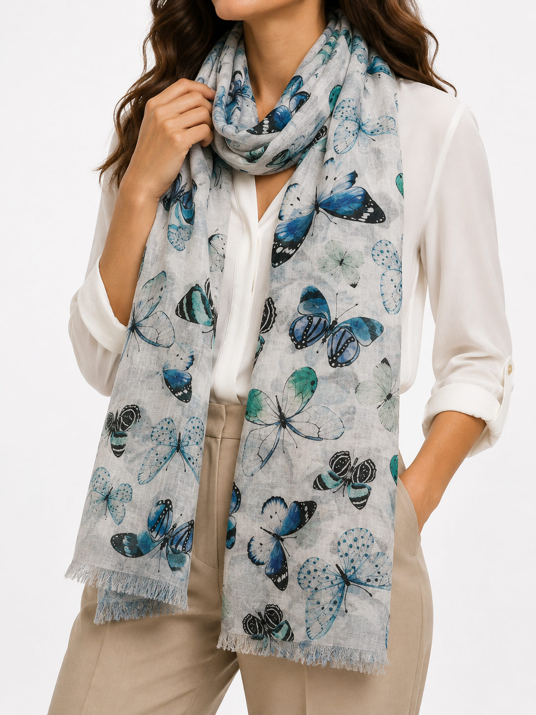 Pashmina de Mariposas Azules con Flecos - Galerías el Triunfo